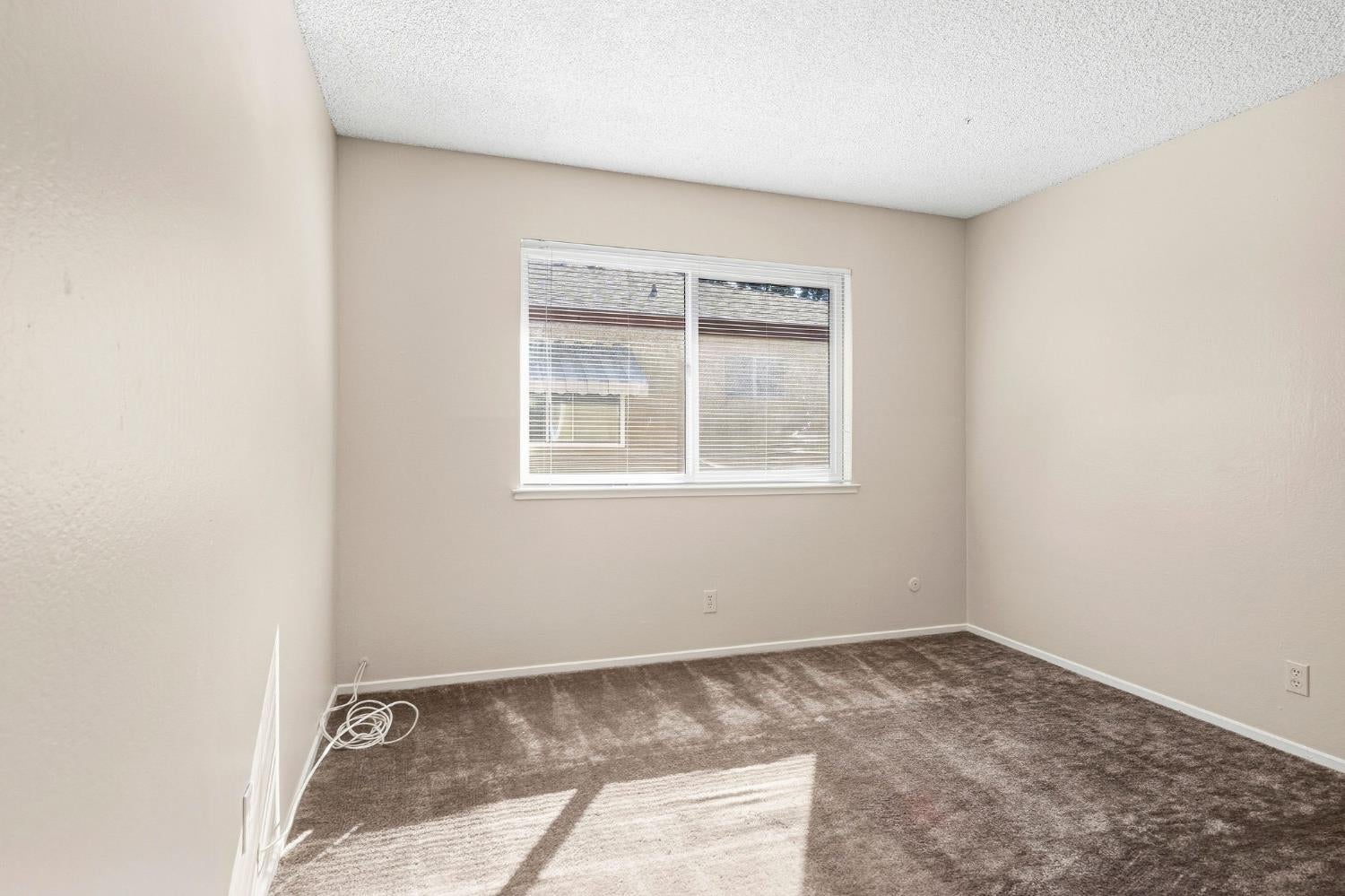Empty bedroom with brown carpet, a wide window with blinds, and sunlight across the floor.