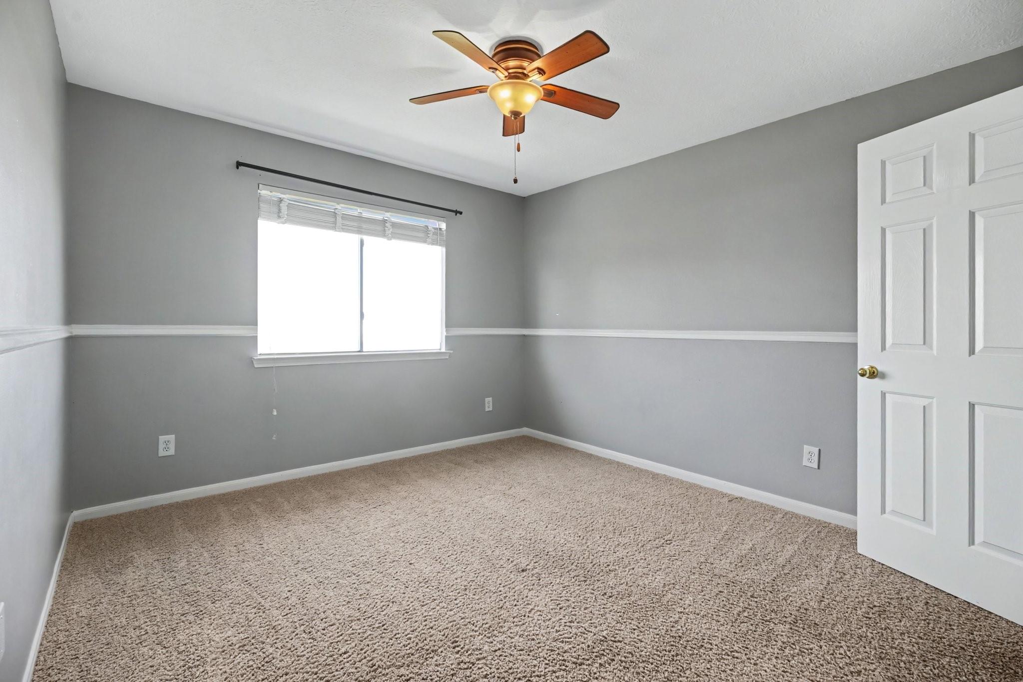 Empty bedroom with gray walls, beige carpet, a window with blinds, and a wooden-blade ceiling fan.