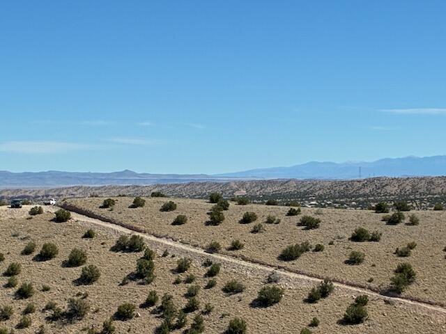 Shrub-covered desert hills and a dirt track with distant mountains near Placitas.