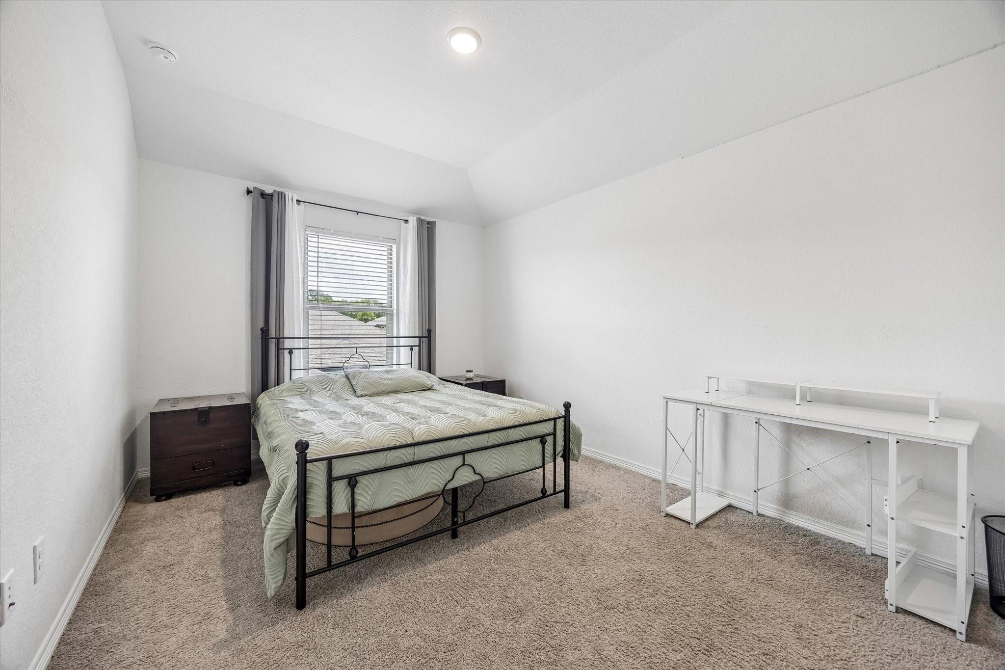 Bedroom with a black metal bed, pale green bedding, beige carpet, and a white desk.