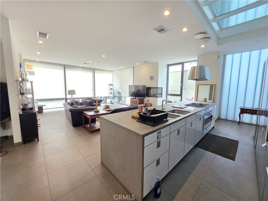 Open-plan kitchen and living room with a long island, large windows, and a skylight.