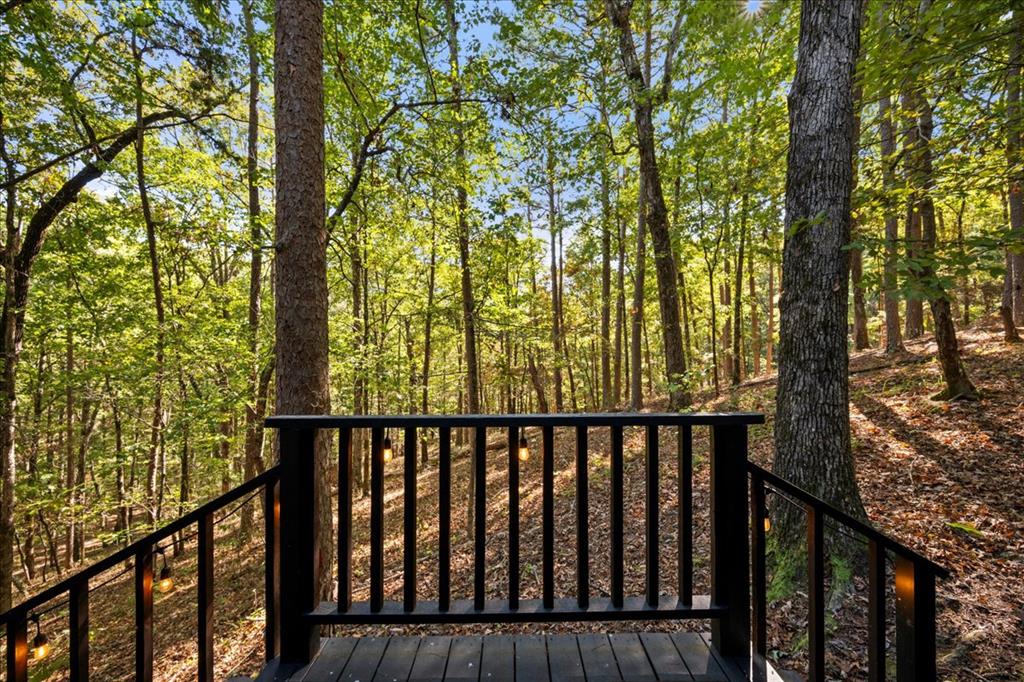 Black-railed deck overlooking a sunlit wooded hillside.