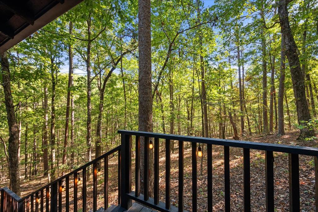 Raised deck overlooks a wooded hillside, with black railings and warm string lights.
