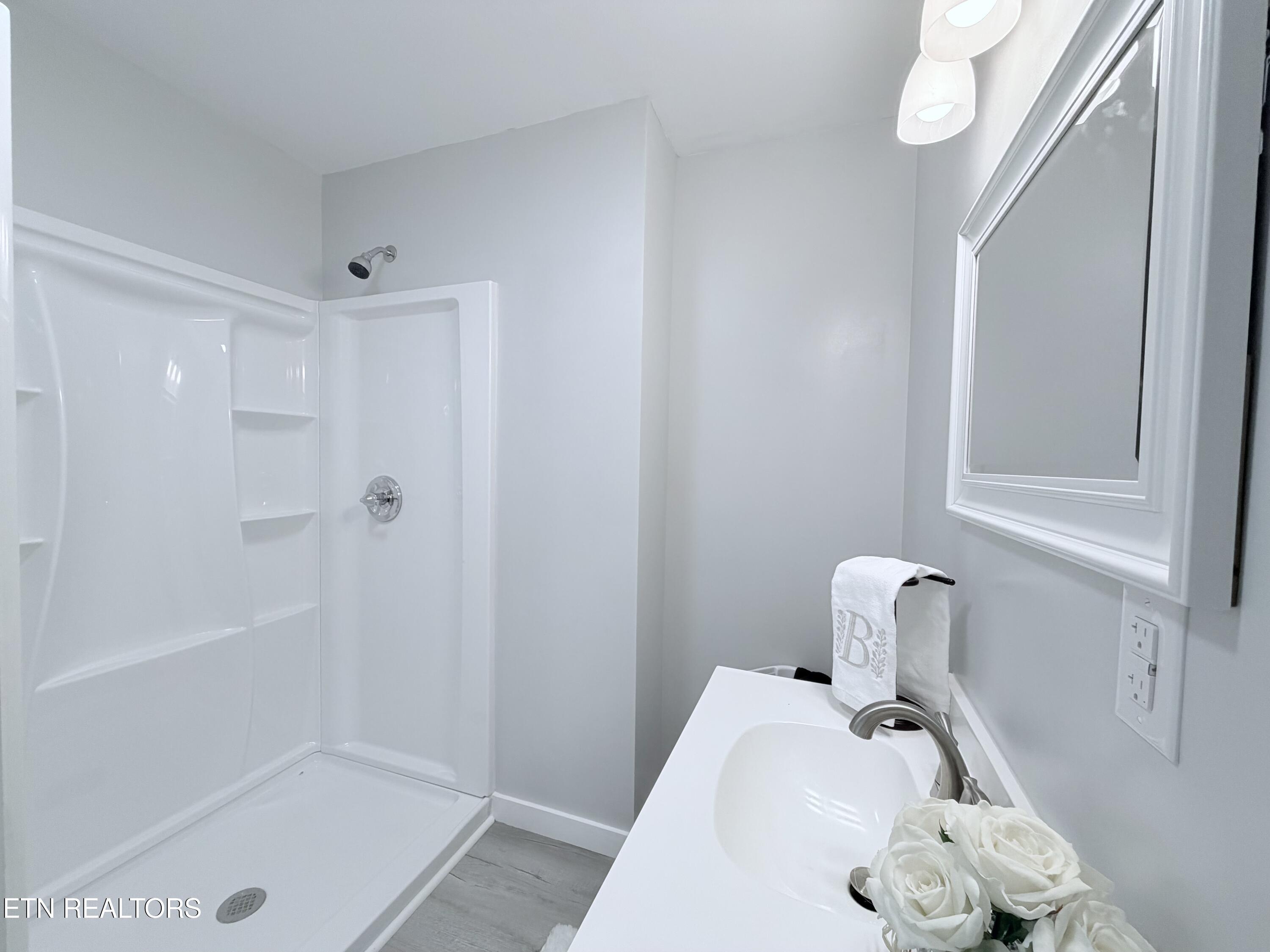 Bathroom with a white walk-in shower, corner shelves, and vanity with framed mirror.
