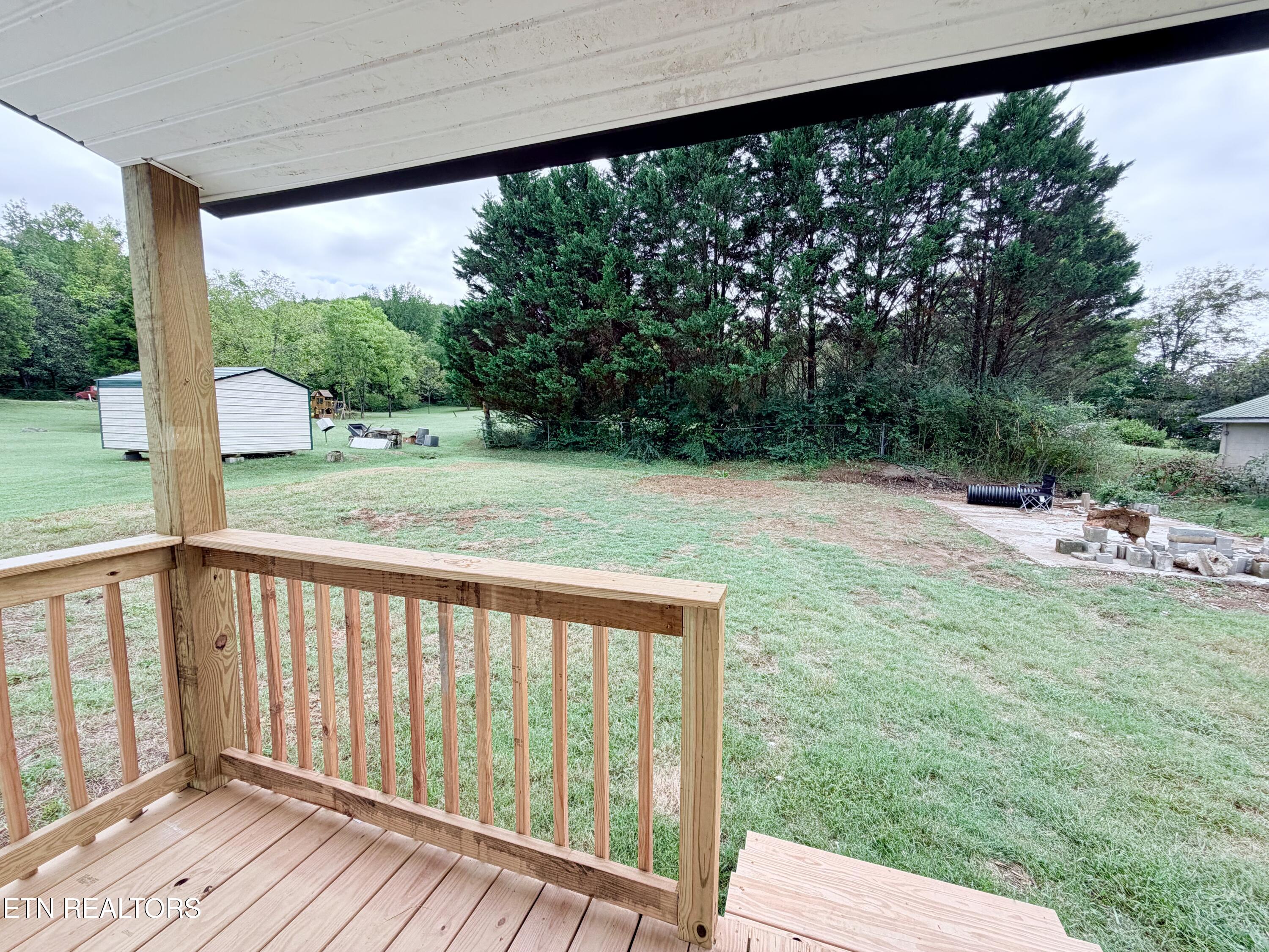 Wooden porch overlooking a grassy backyard, with a white shed and tall evergreen trees.