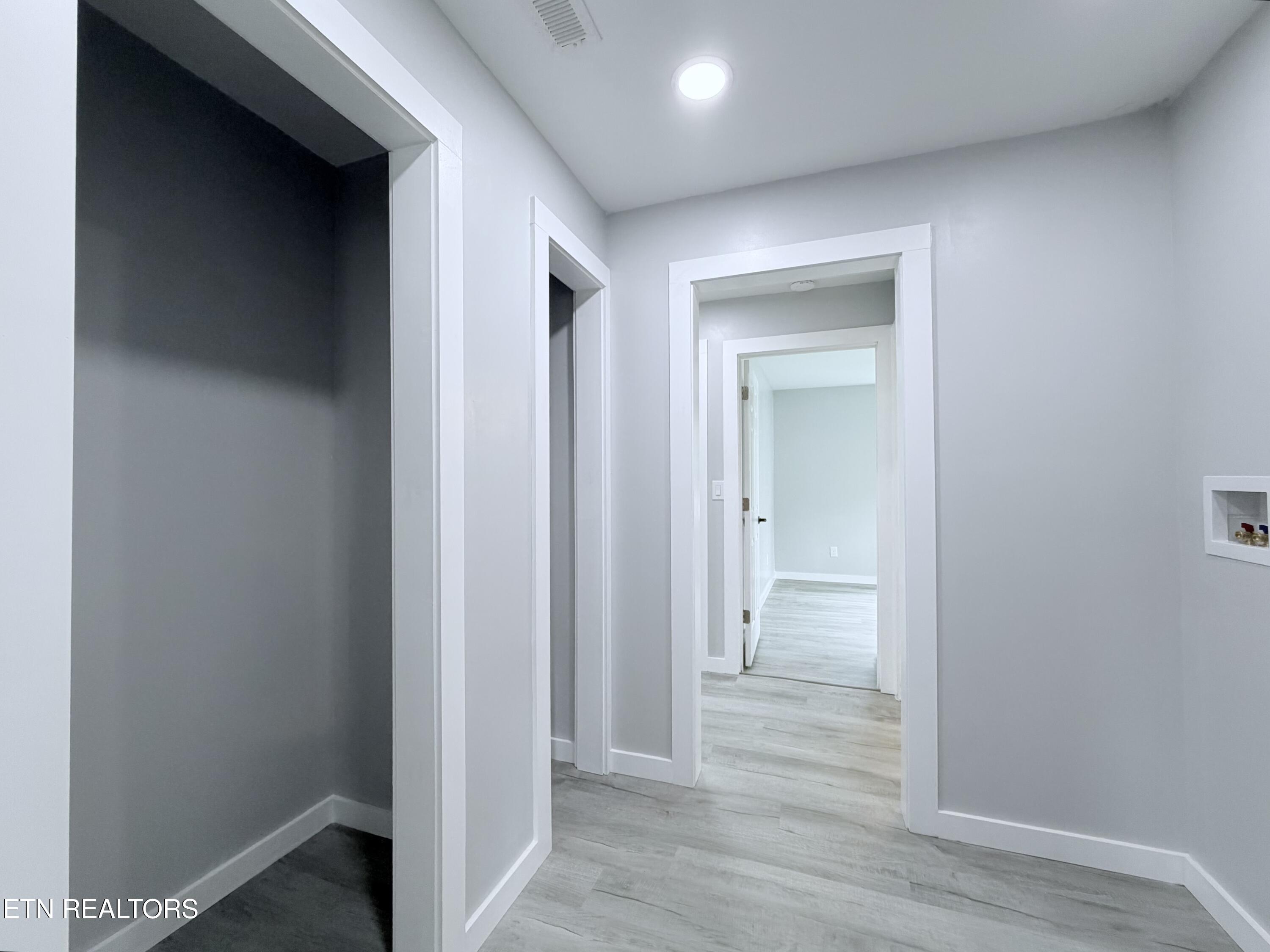 Empty gray hallway with white-trimmed doorways and pale wood-look flooring.