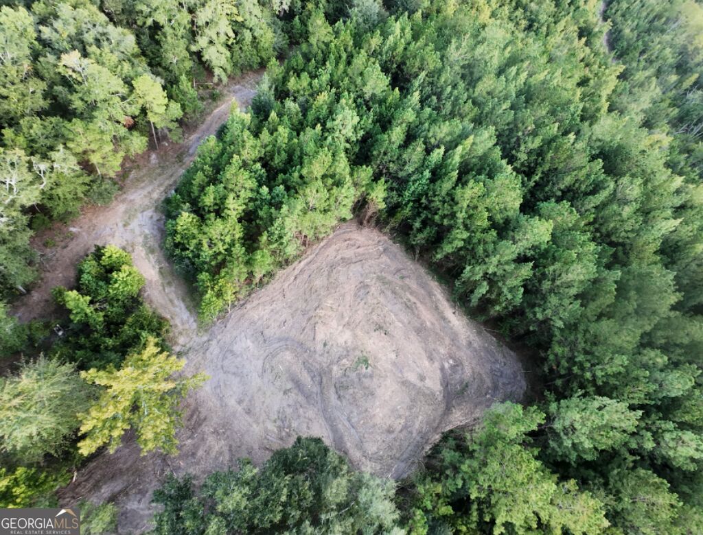 Aerial view of a cleared lot surrounded by dense trees, beside a dirt access road.