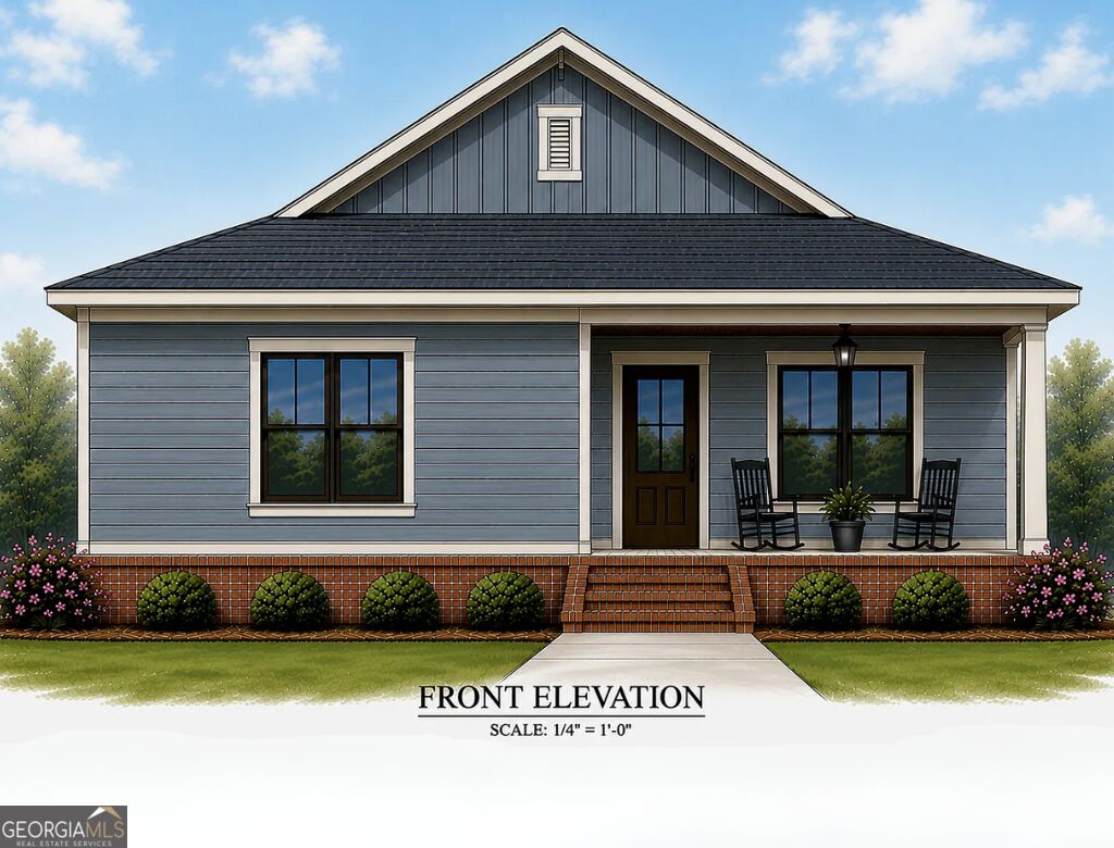 Front elevation rendering of a blue-gray house with a covered porch, brick foundation, and rocking chairs.