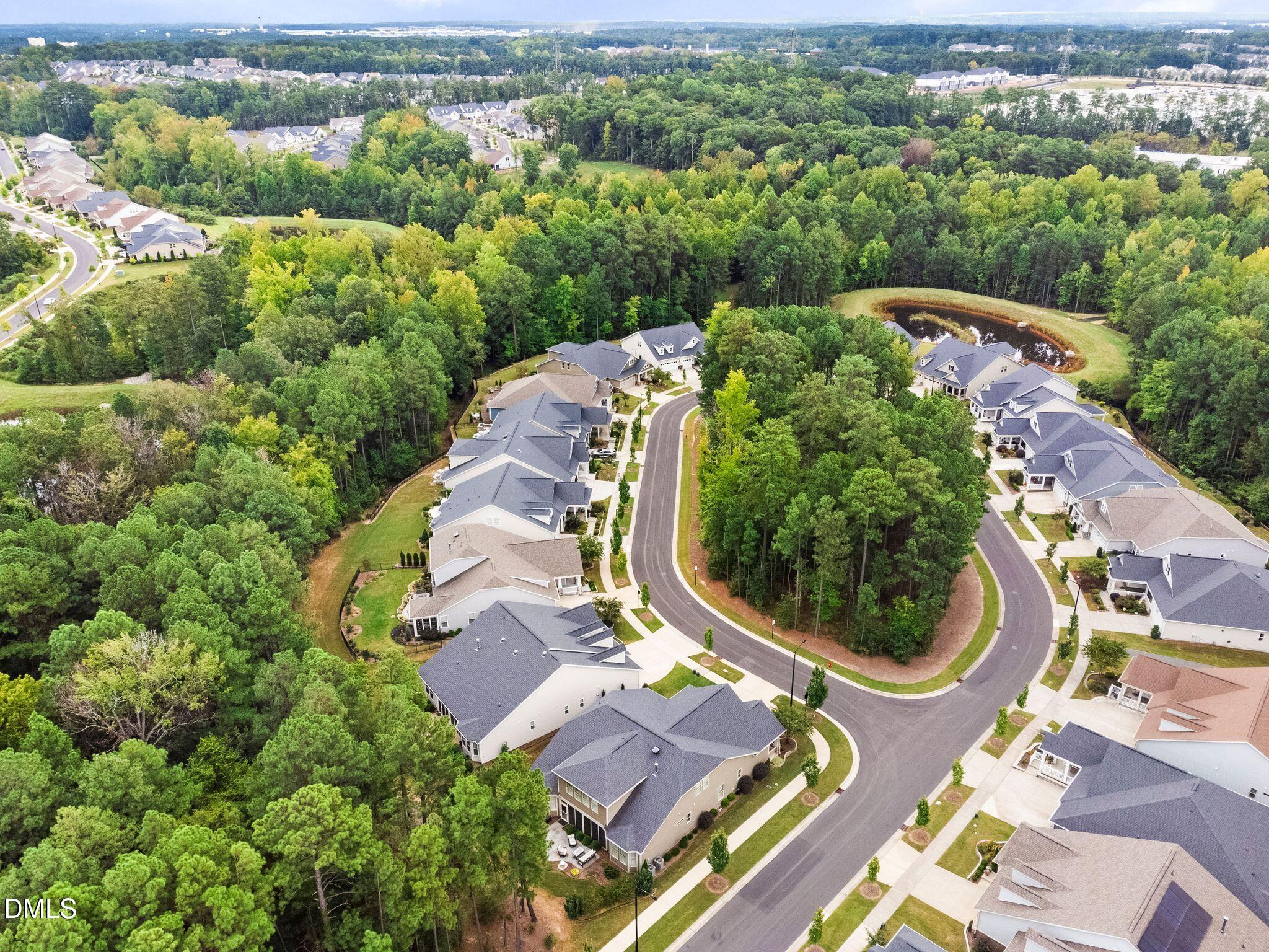 Aerial view of homes along a winding neighborhood street, surrounded by trees with a small pond nearby.