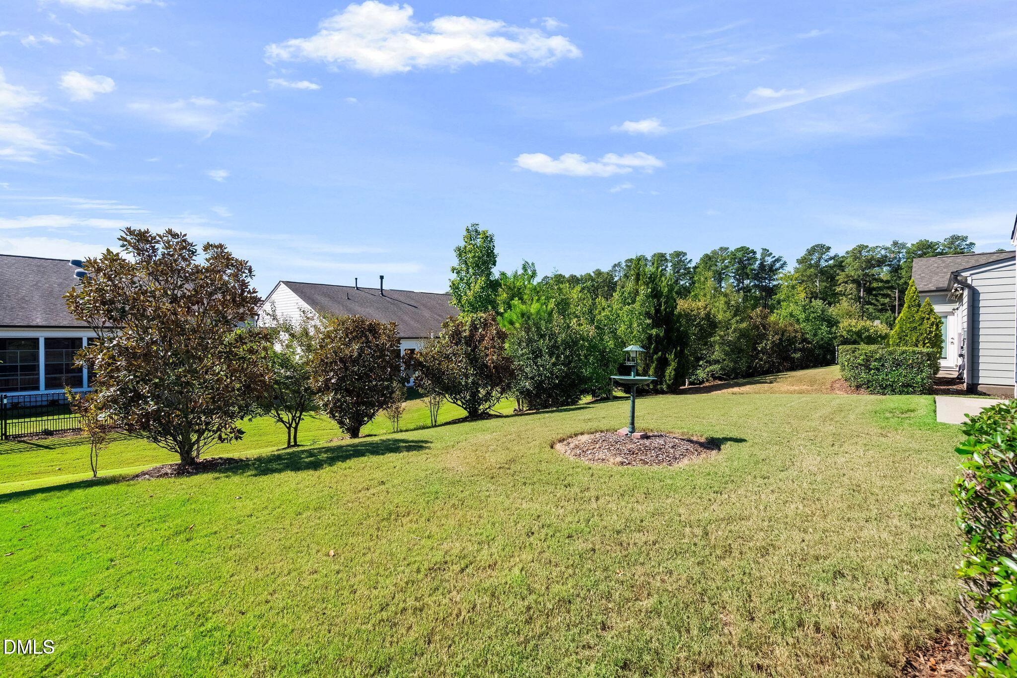 Backyard with a sloping lawn, landscaped trees, and a bird feeder.