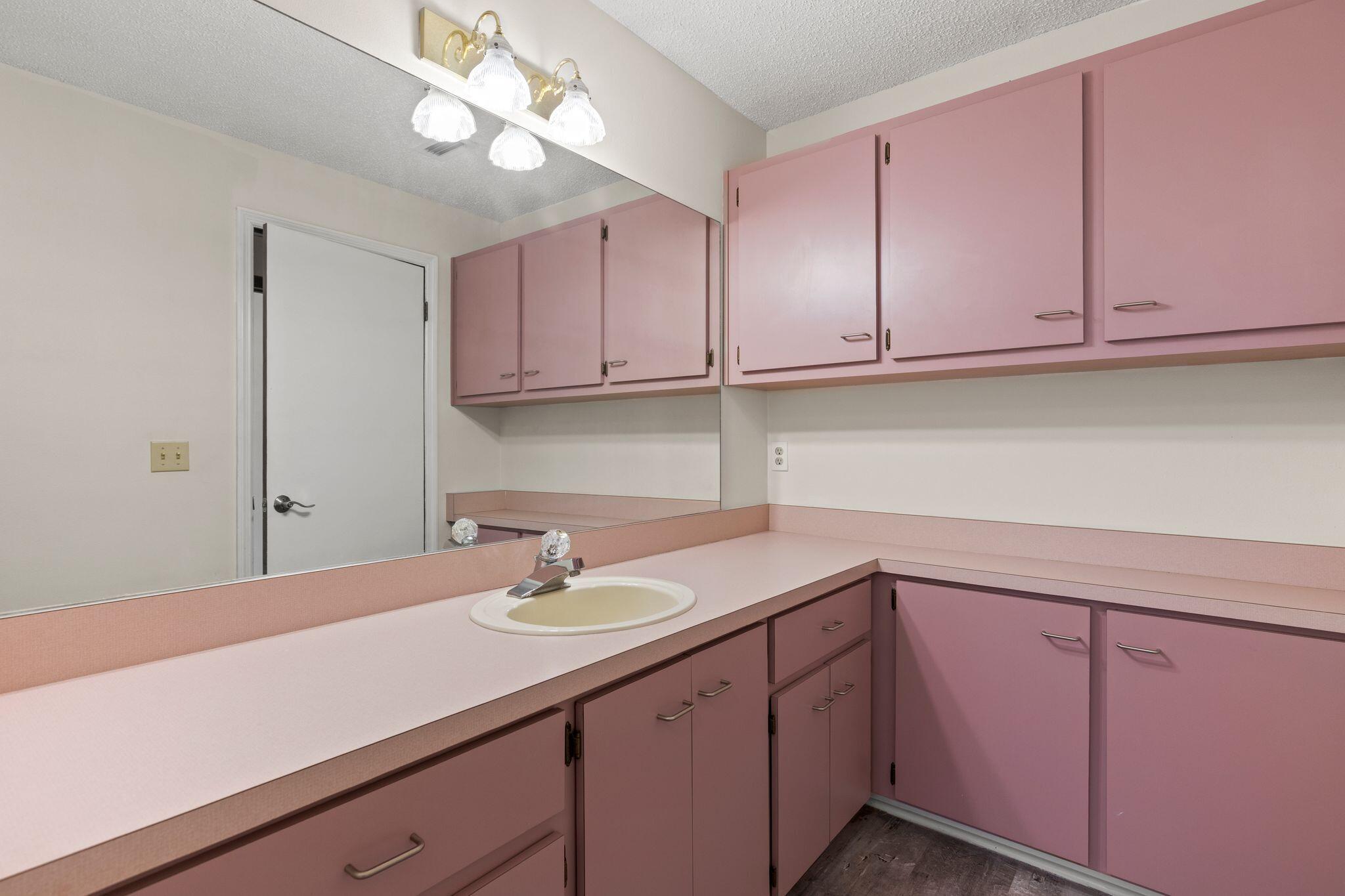 Bathroom vanity with pink cabinets, an oval sink, and a large mirror.