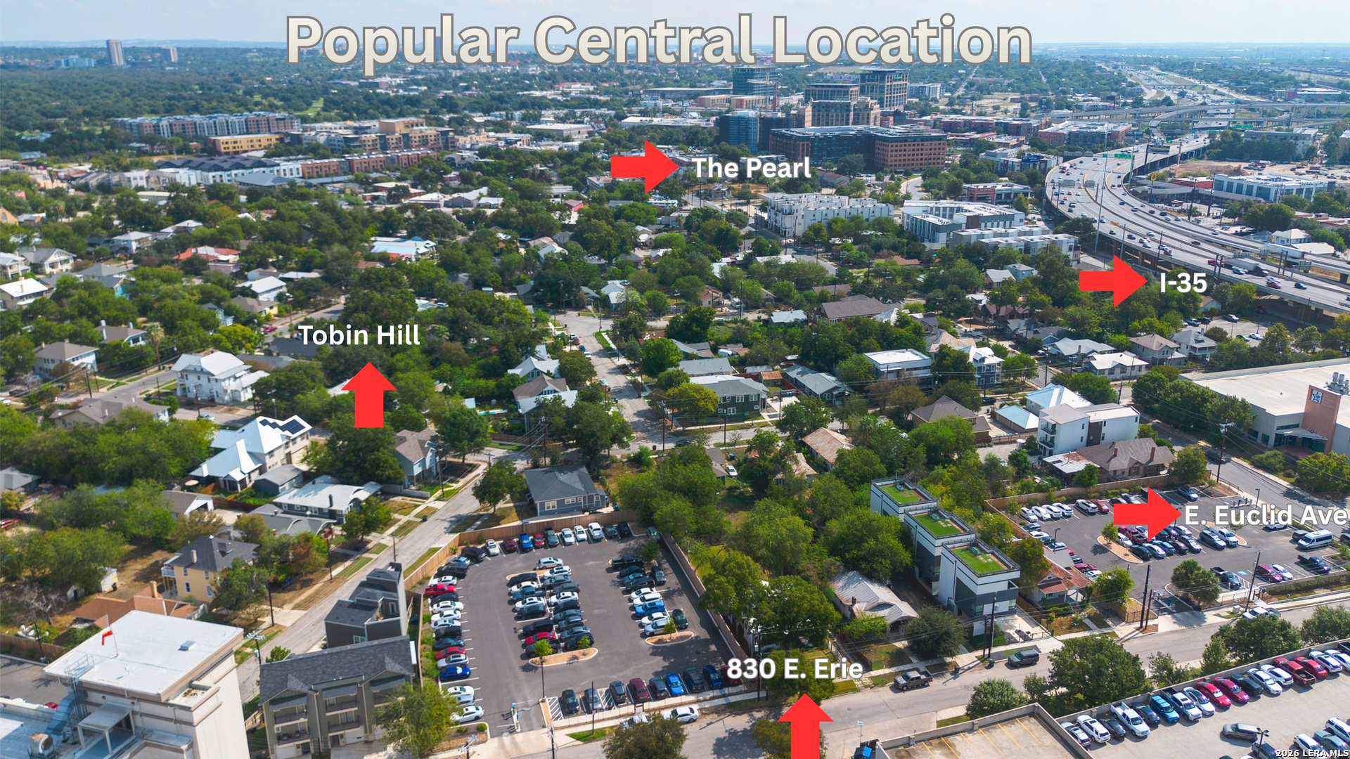 Aerial view of 830 E. Erie Ave, with Tobin Hill, The Pearl, and I-35 labeled nearby.
