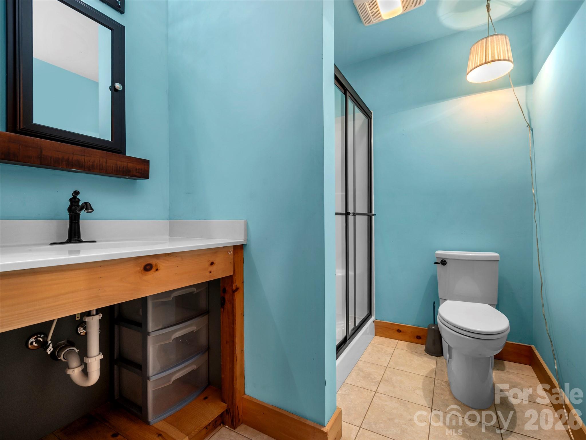 Bathroom with turquoise walls, glass shower, and rustic wood vanity with open storage.