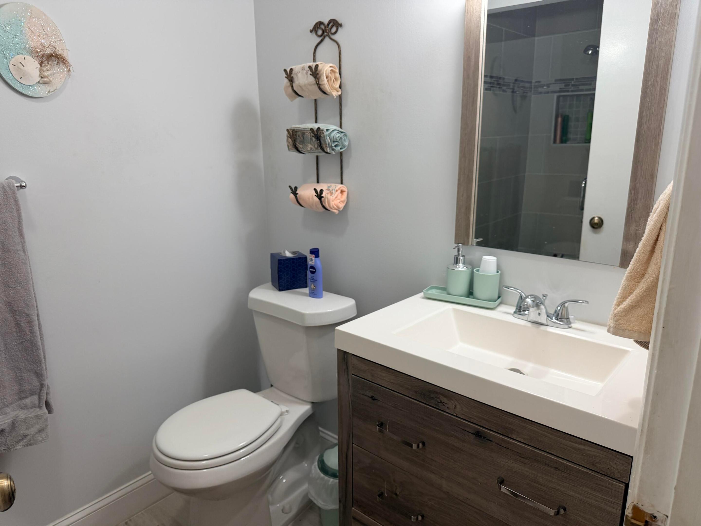 Bathroom with a dark wood vanity, white sink, toilet, and mirror reflecting a glass shower.