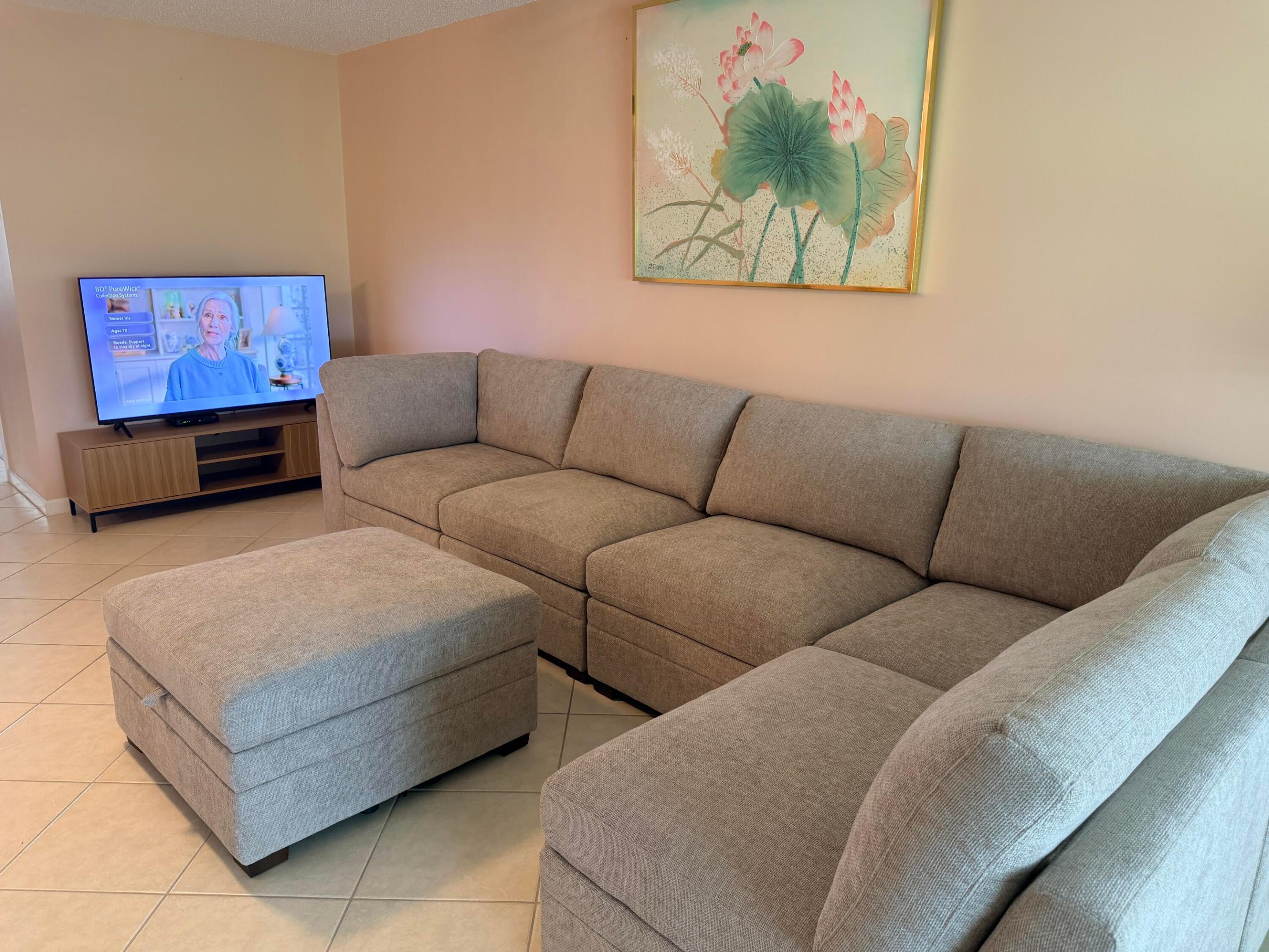 Living room with a gray sectional sofa, matching ottoman, and television.