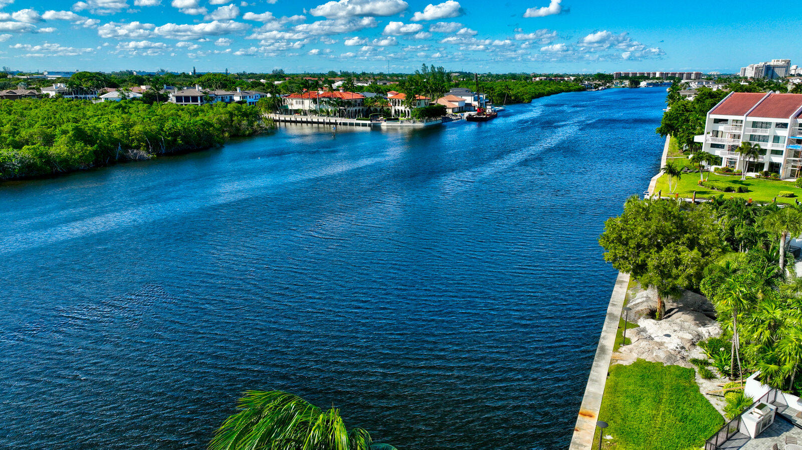 Broad blue waterway bordered by waterfront homes and palm-lined grounds.