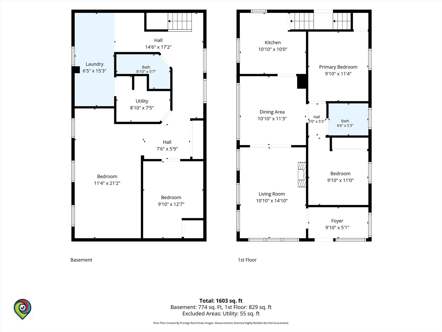 Two-level floor plan showing labeled basement and first-floor rooms with dimensions and total square footage.