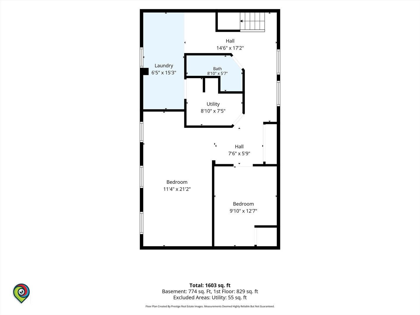 Floor plan showing two bedrooms, laundry, bath, utility room, halls, and area measurements.