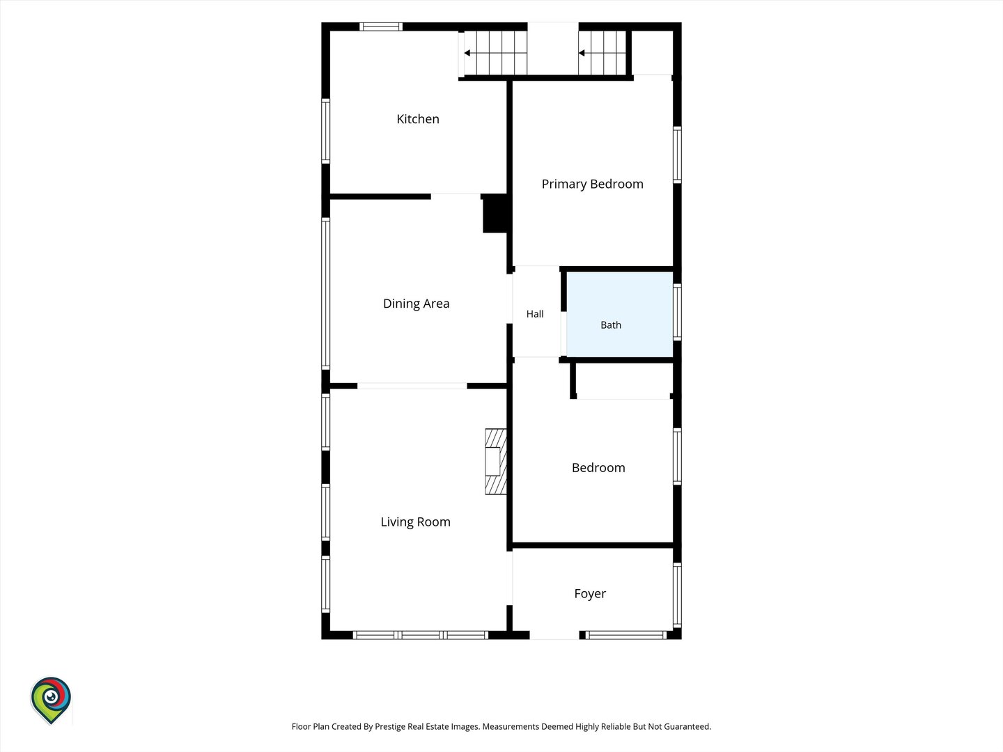 Floor plan showing the kitchen, dining area, living room, two bedrooms, bath, hall, and foyer.