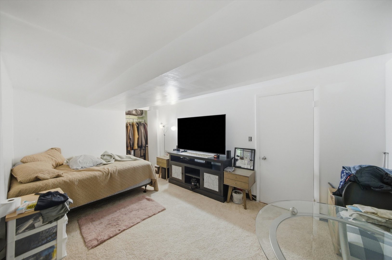Bedroom with a bed, television, carpet, and open clothes closet.
