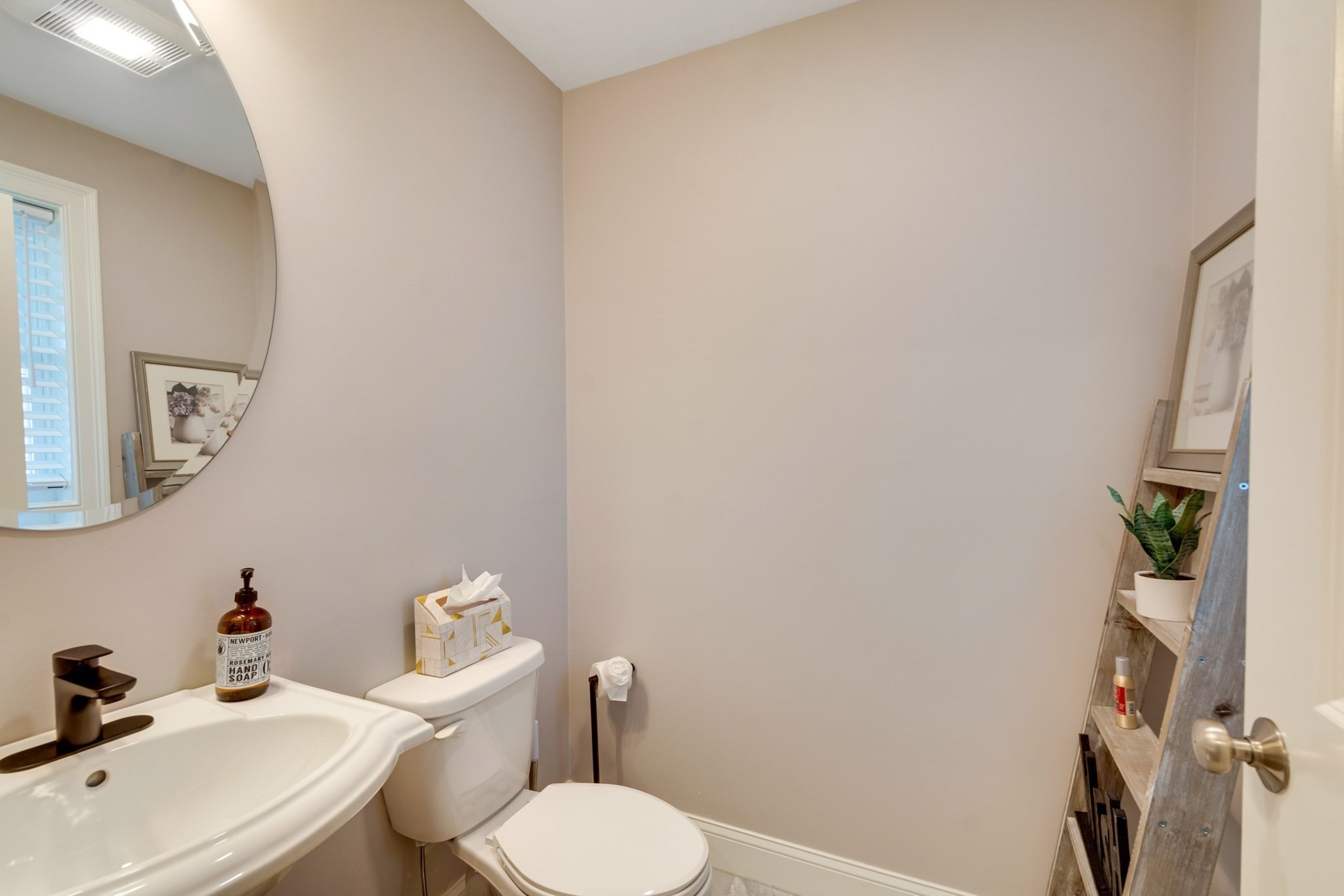 Half bathroom with a white sink, toilet, round mirror, and wooden ladder shelf with a potted plant.
