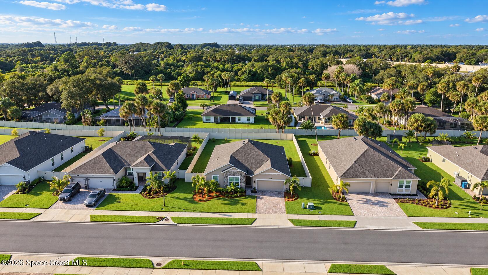 Aerial view of single-story homes with fenced yards and palm trees along a Palm Bay street.