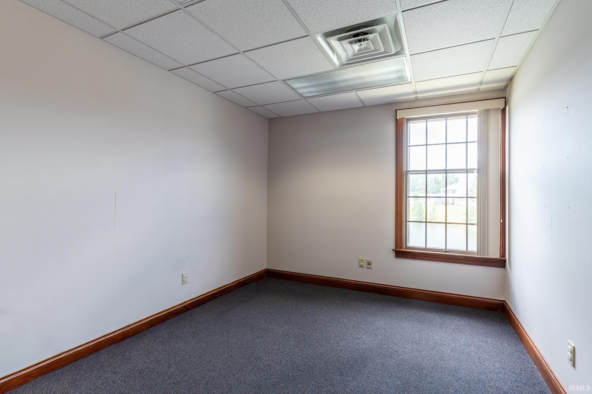 Vacant room with gray carpet, dark wood trim, and a large divided-pane window.