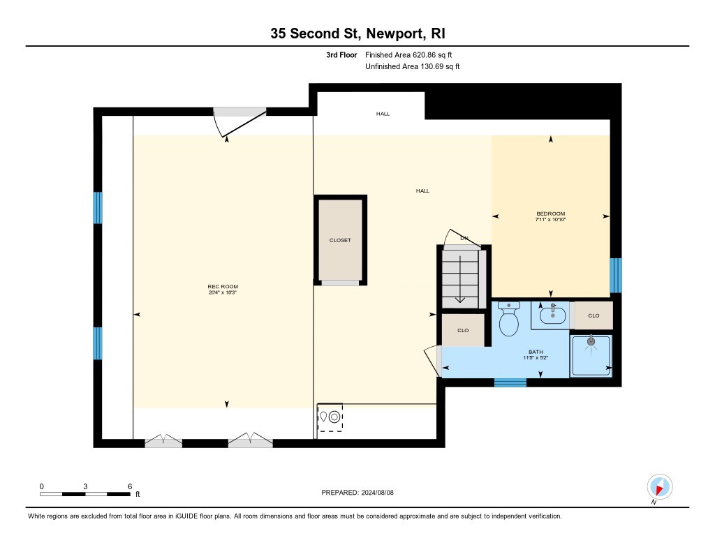 Third-floor plan with a large recreation room, bedroom, bathroom, halls, closets, and stairs.