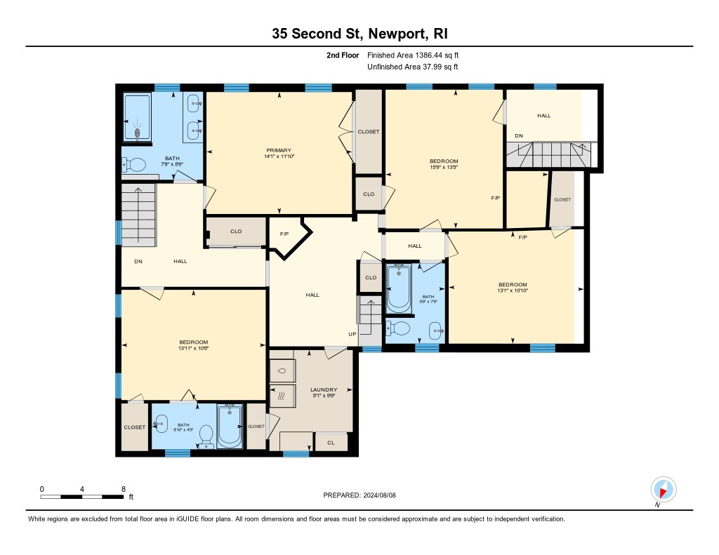 Second-floor plan for 35 Second Street, showing bedrooms, bathrooms, halls, and laundry.
