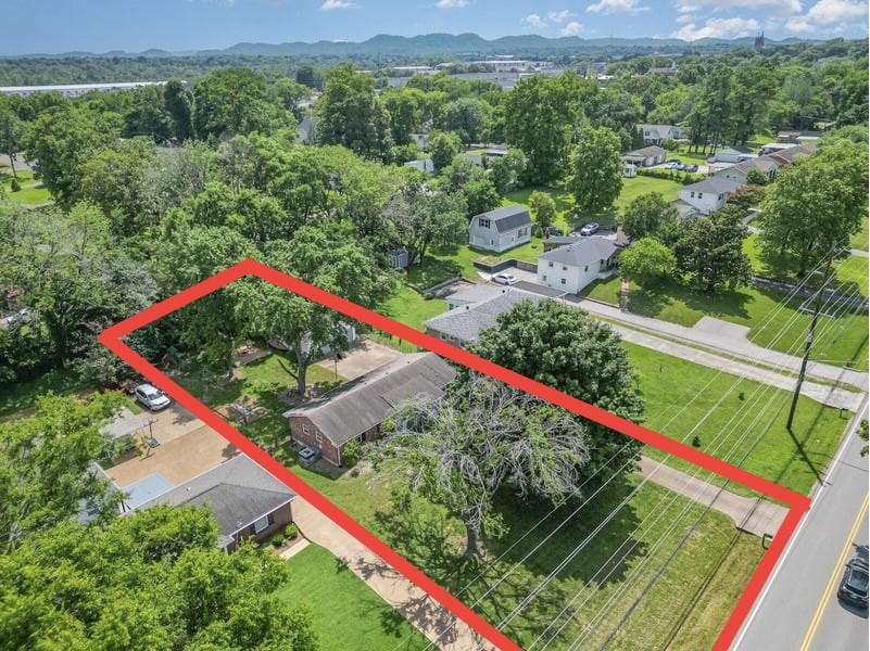 Aerial view of 177 McCall St, with the property outlined in red among mature trees.