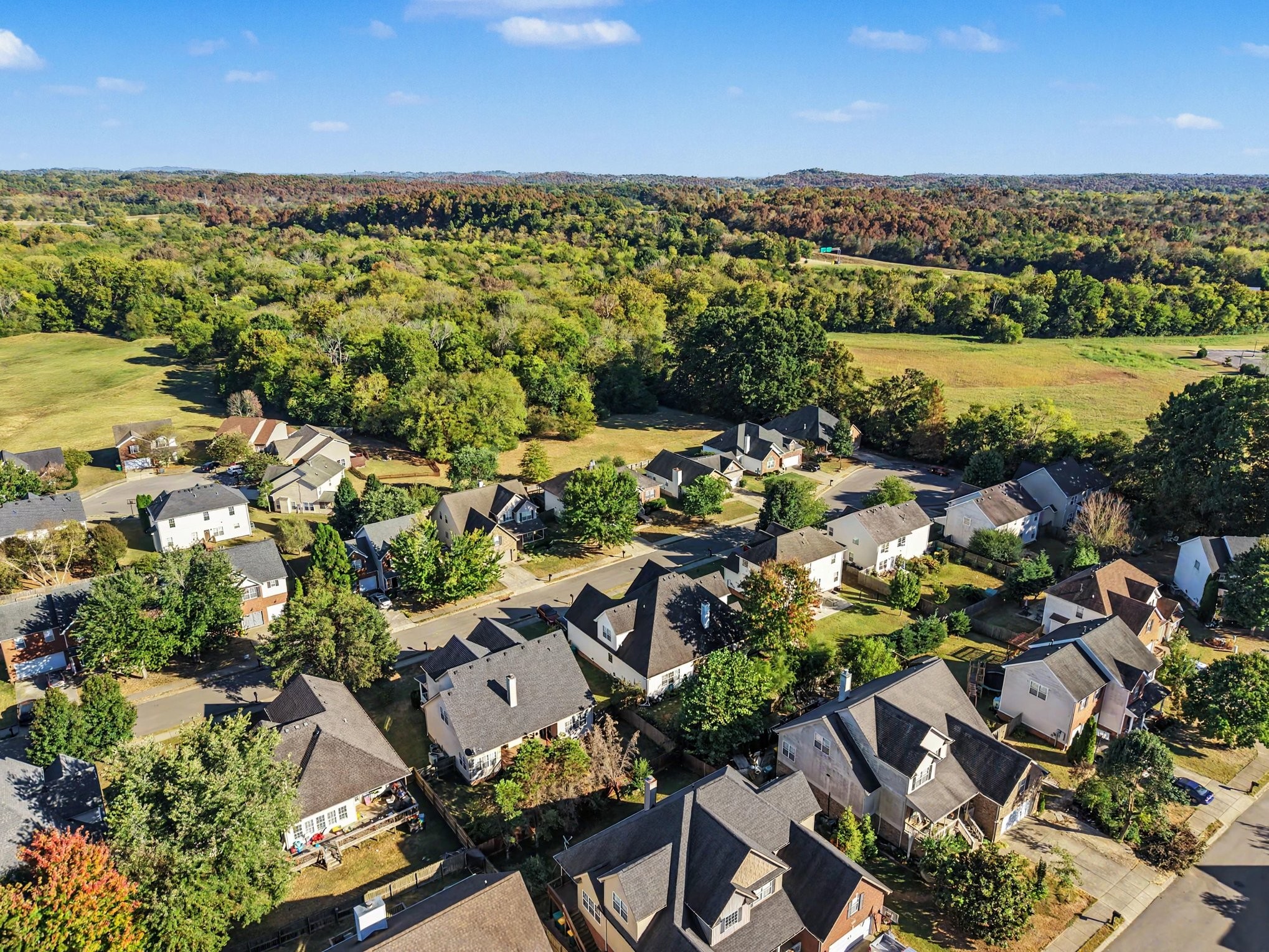 Aerial neighborhood view of detached homes beside open fields and autumn-colored woodland.