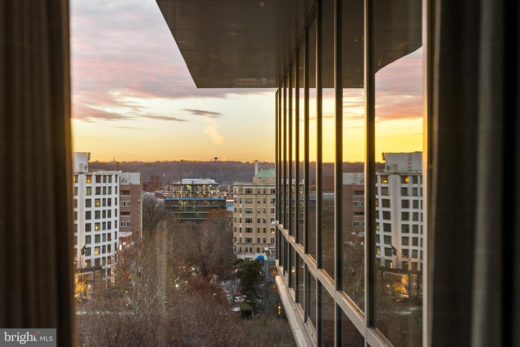 City buildings and leafless trees seen through windows at sunset.
