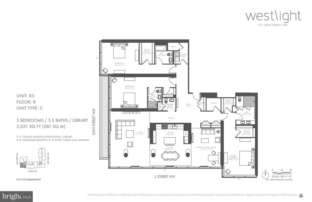 Floor plan of Westlight Unit 83, a 3,031-square-foot three-bedroom residence with a library and multiple balconies.