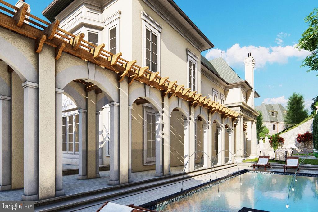Home exterior with an arched colonnade and wooden pergola beside a swimming pool.