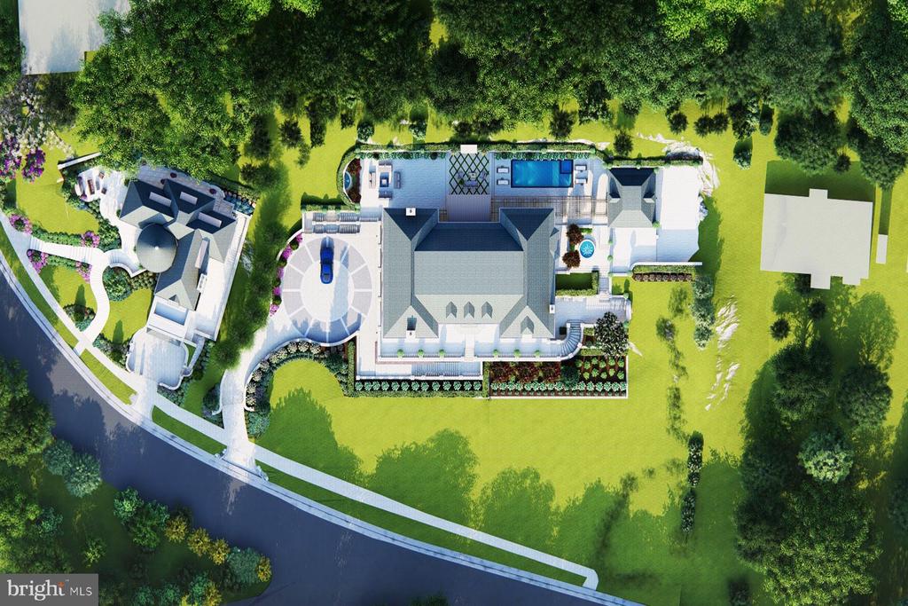 Aerial rendering of a large home with a swimming pool, landscaped grounds, and circular driveway.