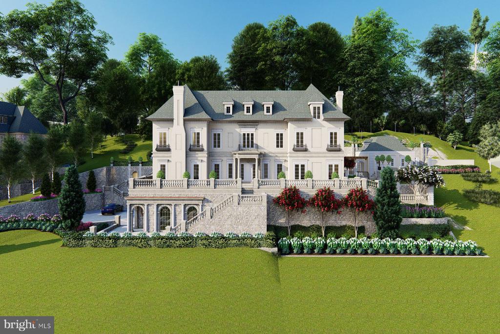 Rendered mansion with a stone terrace, landscaped gardens, and broad front lawn