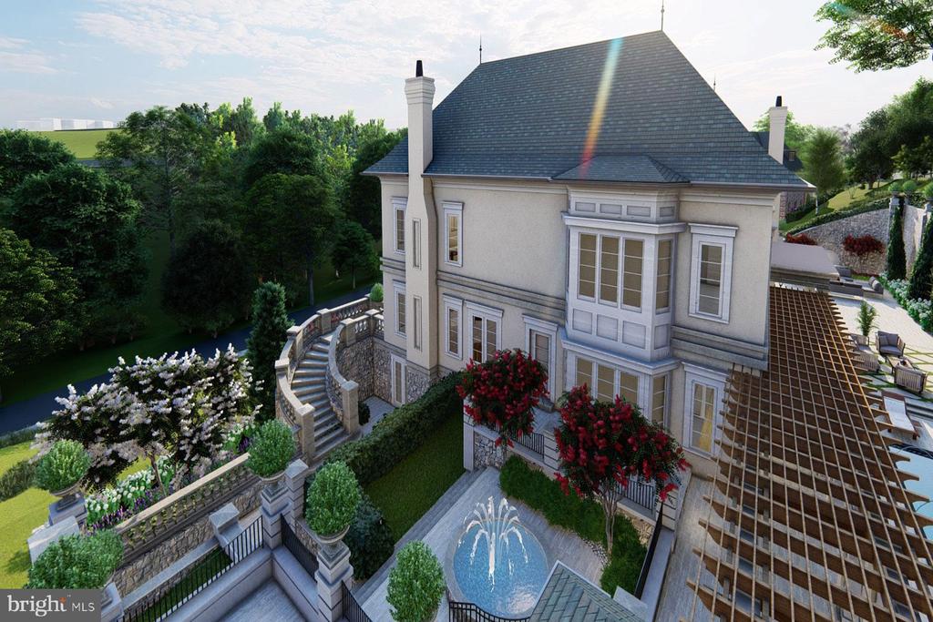 House exterior rendering with landscaped terraces and a small courtyard pool with a fountain.