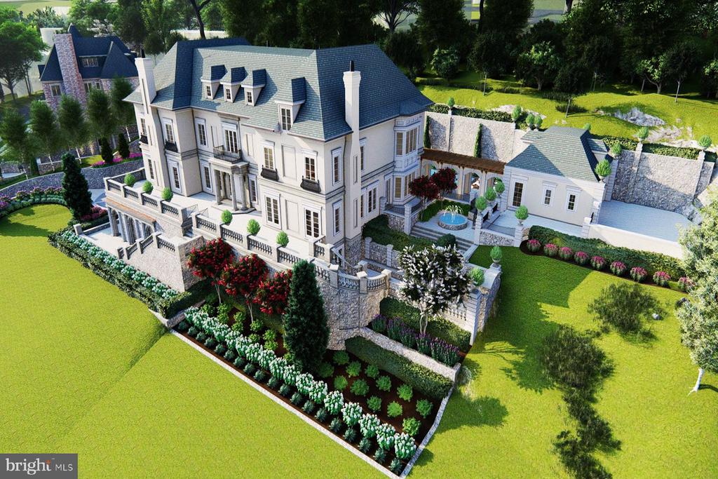 Aerial rendering of a white mansion with blue slate roofs, stone terraces, gardens, and a fountain.