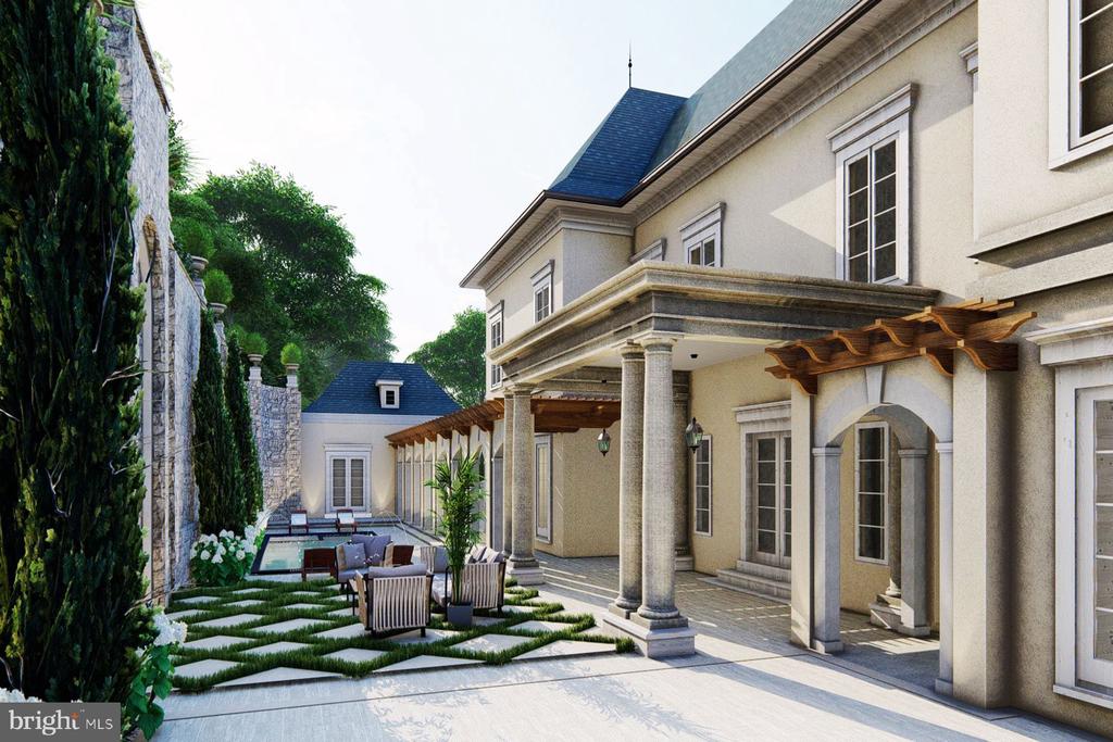 Home courtyard with a small pool, pergola, and stone patio seating.