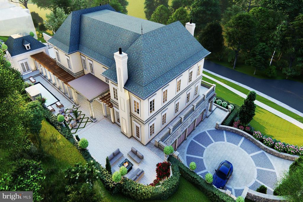 Aerial rendering of a large white house with blue roofs, landscaped terrace, and circular driveway.