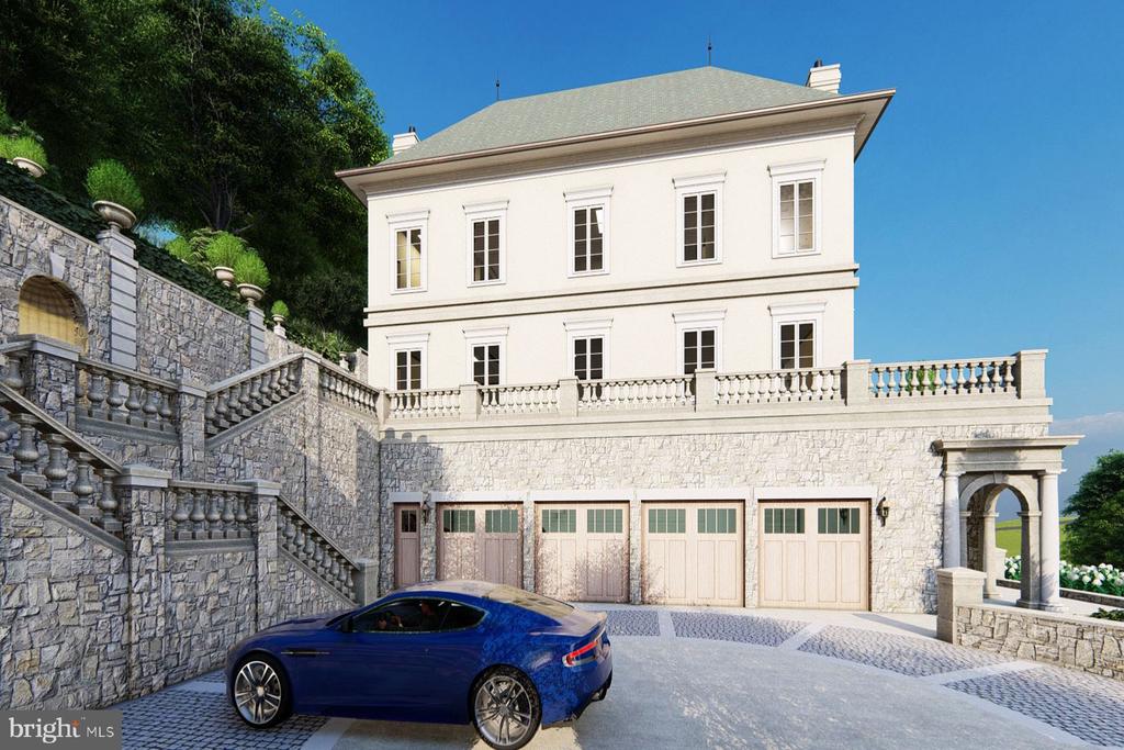Exterior rendering of a multi-story home with stone terraces, multiple garage doors, and a blue car.