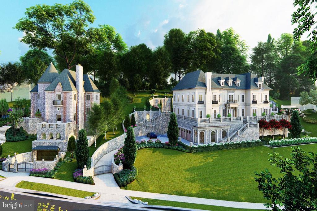 Architectural rendering of a gated estate with two manor houses amid landscaped grounds.