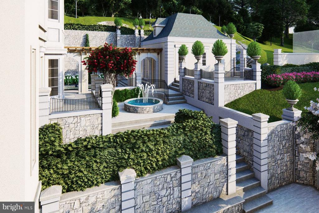 Landscaped courtyard with a circular fountain, stone walls, steps, and a white garden pavilion.