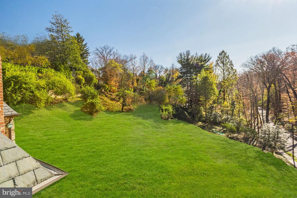 Spacious backyard lawn bordered by mature trees and shrubs, viewed past part of the roof.