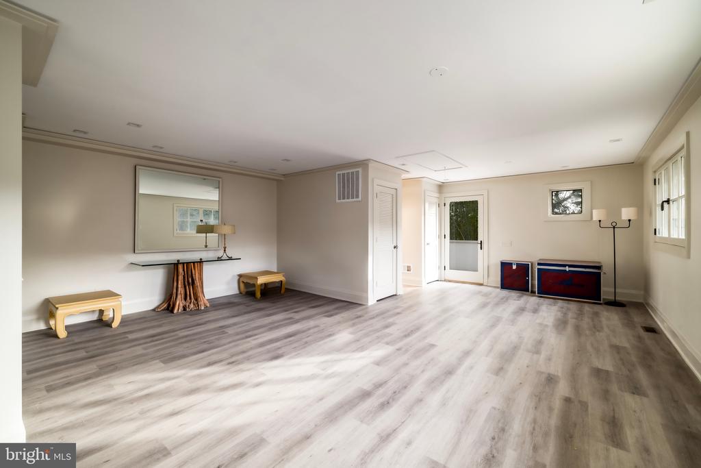 Spacious bright room with gray wood-look floors, a mirrored console, windows, and a glass-paneled door.
