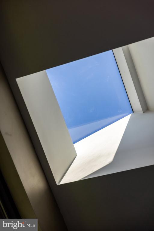 Skylight set into an angular white ceiling, showing blue sky.