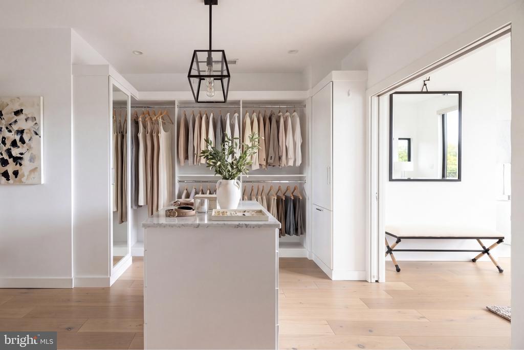 Walk-in closet with built-in clothing storage, a central island, and a black pendant light.