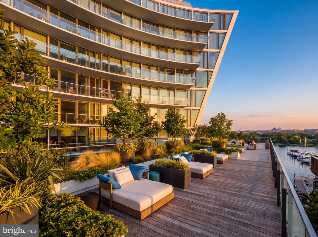Waterfront terrace with cushioned lounge seating beside a modern curved glass building.