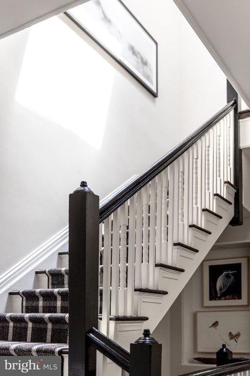 Staircase with white balusters, dark wood handrails, and a black-and-white patterned runner.