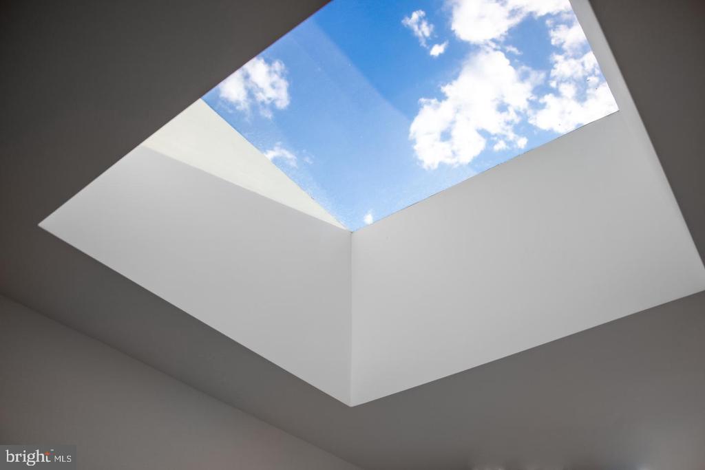 White ceiling with a large skylight framing blue sky and clouds.